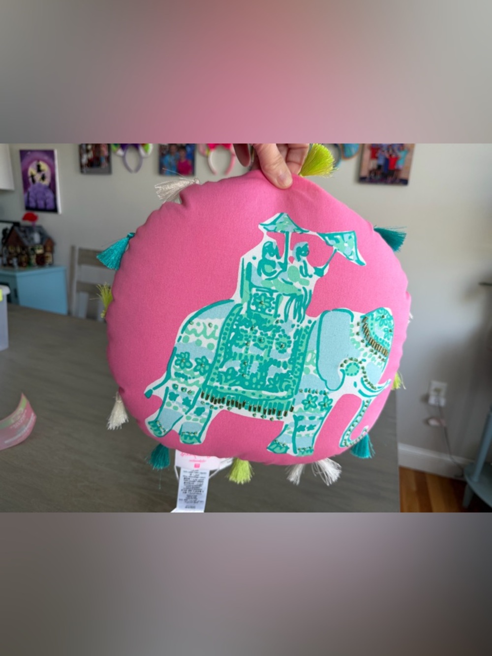 NWT Lilly Pulitzer Pottery Barn 14” round pillow pink elephant Bazar tassels - Picture 3 of 10